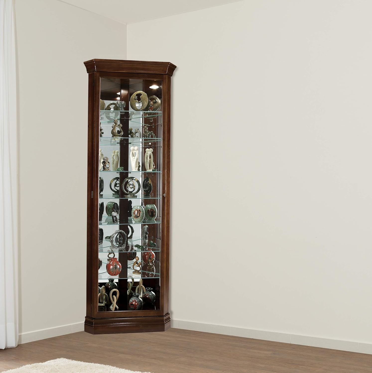 Howard Miller Drake Corner Curio Cabinet 680-483 – Cherry Bordeaux Finish, Seven Glass Shelves, Eight Level Display Case, Locking Door, No Reach Light