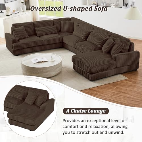 Oversized U-Shaped Sectional Sofa Couch Plush Corduroy Upholstered Modular Deep Seat Sofa&Couch Sectional W/Right Facing Chaise Lounge and 7 Toss Pillows for Home Apartment Living Room Furniture Sets