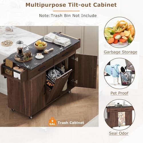 60" Kitchen Island with Drop Leaf and Power Outlet, Rolling Kitchen Cart on Wheels with Trash Can Storage Cabinet, Spice Rack, Towel Rack and Adjustable Shelf for Dining Room
