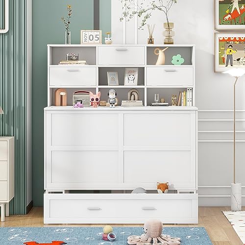Murphy Bed Queen Size Cabinet BedFrame with Bookcase, Bedside Shelves and a Big Drawer for Bedroom and Guestroom,Office,White
