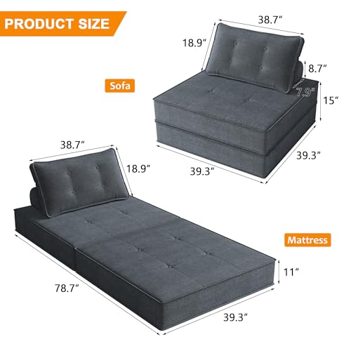 Folding Sofa Bed with Back Support, Large Convertible Sleeper Chair Floor Couch with Pillow, Foldable Mattress Portable Chair Bed Floor Sofa Lounge for Living Room Bedroom Apartment (Beige)