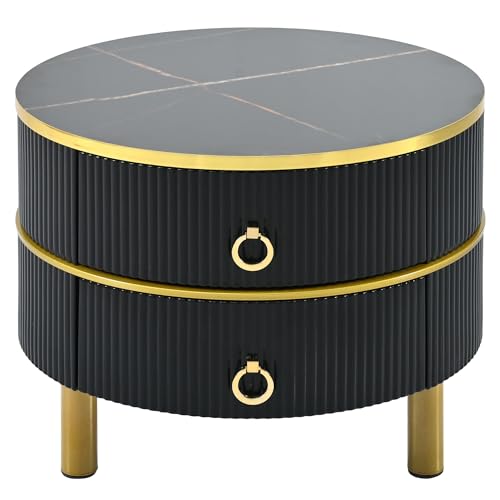 Modern Round Coffee Table, Nesting Table with Brown Tempered Glass and High Gloss Marble Tabletop, Glass Coffee Table for Living Room, Bedroom, Apartment (Golden Black)