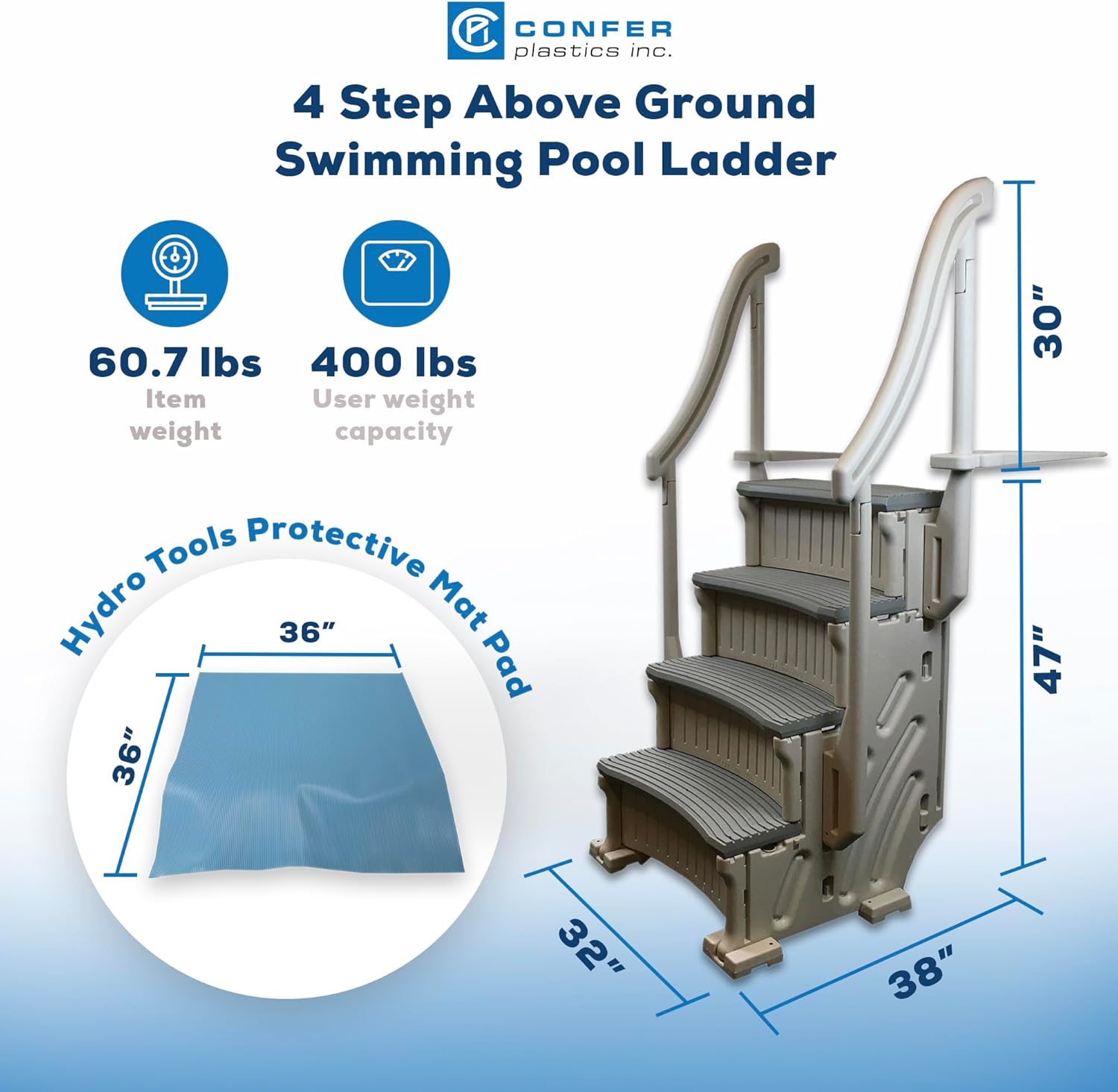 Confer 4 Step Above Ground Swimming Pool Entry Steps with Handrail System and Ladder Mat and Step Pad for Safe Pool Entry and Exit