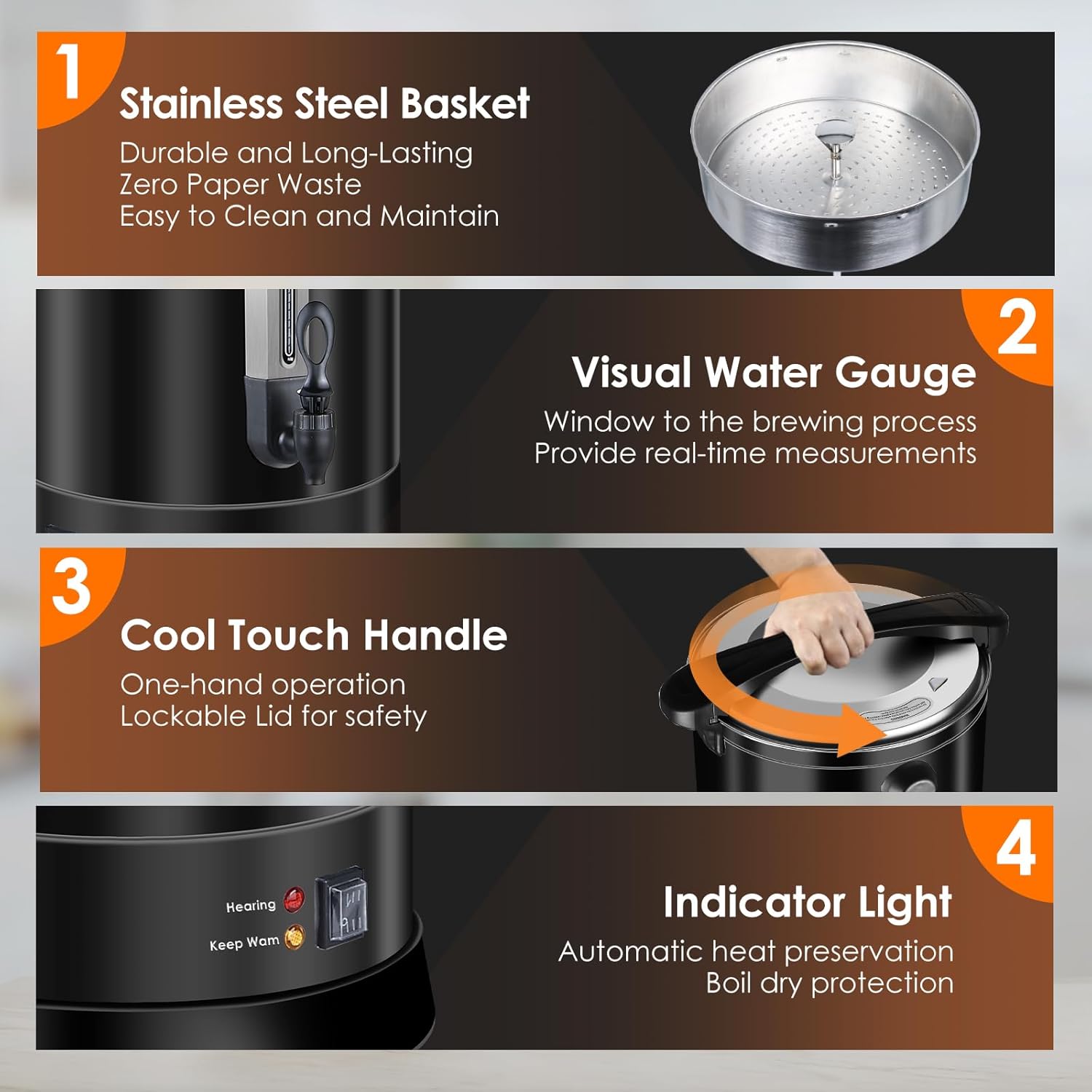 Coffee Urn 100Cups Large Coffee Dispenser 14.2L Full Stainless Steel Commercial Coffee Maker Double Wall Quick Brew Electric Beverage Dispenser Hot Water Urn-Black