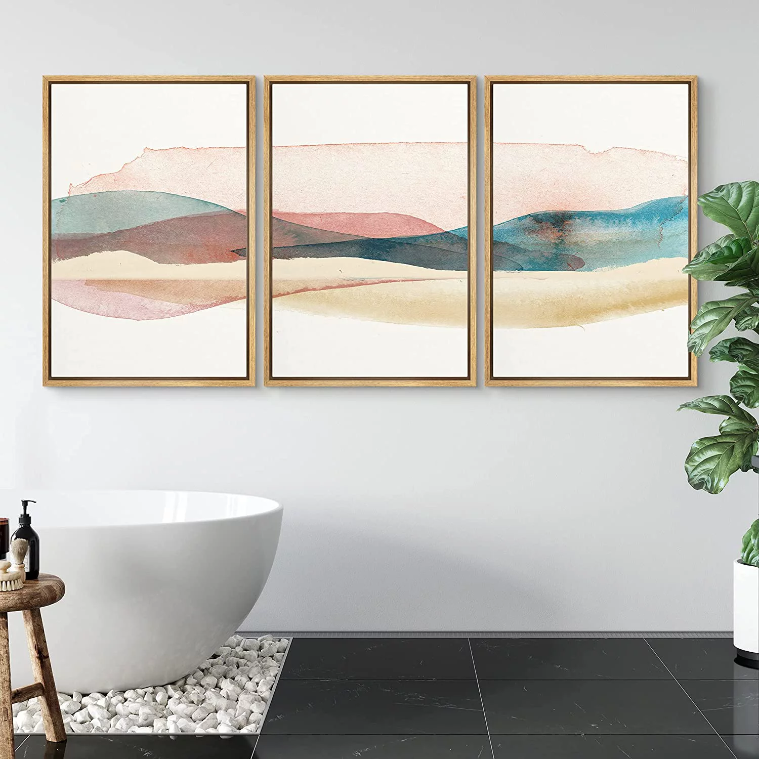 PixonSign Framed Canvas Wall Art Set of 3 Abstract Mountain Nature Painting Canvas Prints Watercolor Landscape Modern Art for Living Room Bedroom Office - 24"x36"x3 Natural