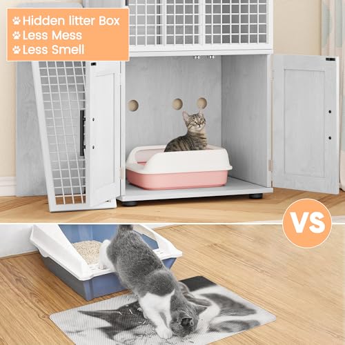 IDEALHOUSE Modern Villa Cat Litter Box Enclosure with Platform,Double Layer Cat Litter Hidden Furniture,Hidden Cat Washroom Furniture Indoor, Cat House with Ladder,33.5" L x 17.9" W x 41.9" H,Wax Wood