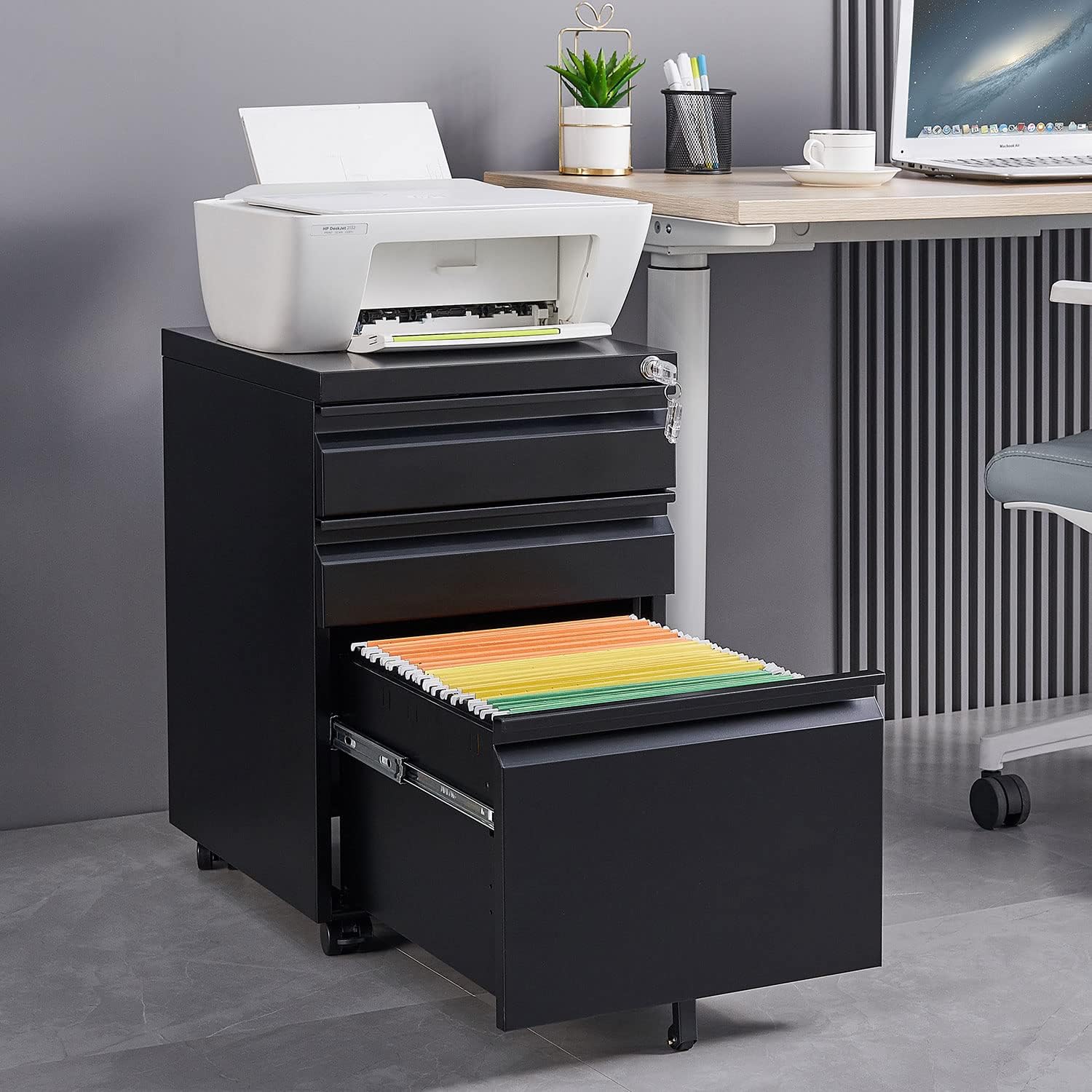 Mobile Printer Stand with Drawers and Lockable Wheels, 3-Drawer Office Storage Filing Cabinet with Lock for Legal Letter Size, Pre-Assembled Metal File Cabinet Except Wheels Under Desk Black