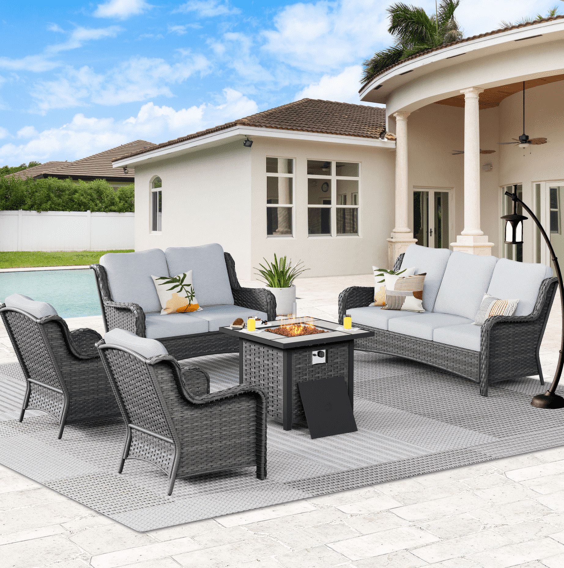 Vcatnet 5 Pieces Outdoor Patio Furniture Sectional Sofa All-weather Conversation Set with Fire Pit Table for Garden,Poolside,Gray