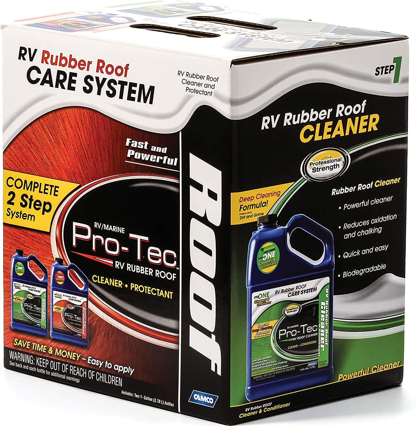 Camco Pro-Tec RV Rubber Roof Care System - Two Step Treatment Rids Dirt and Grime and Reduces Roof Chalking | Extends The Life of RV & Trailer Rubber Roofs - 2 Gallons - 2 Pack