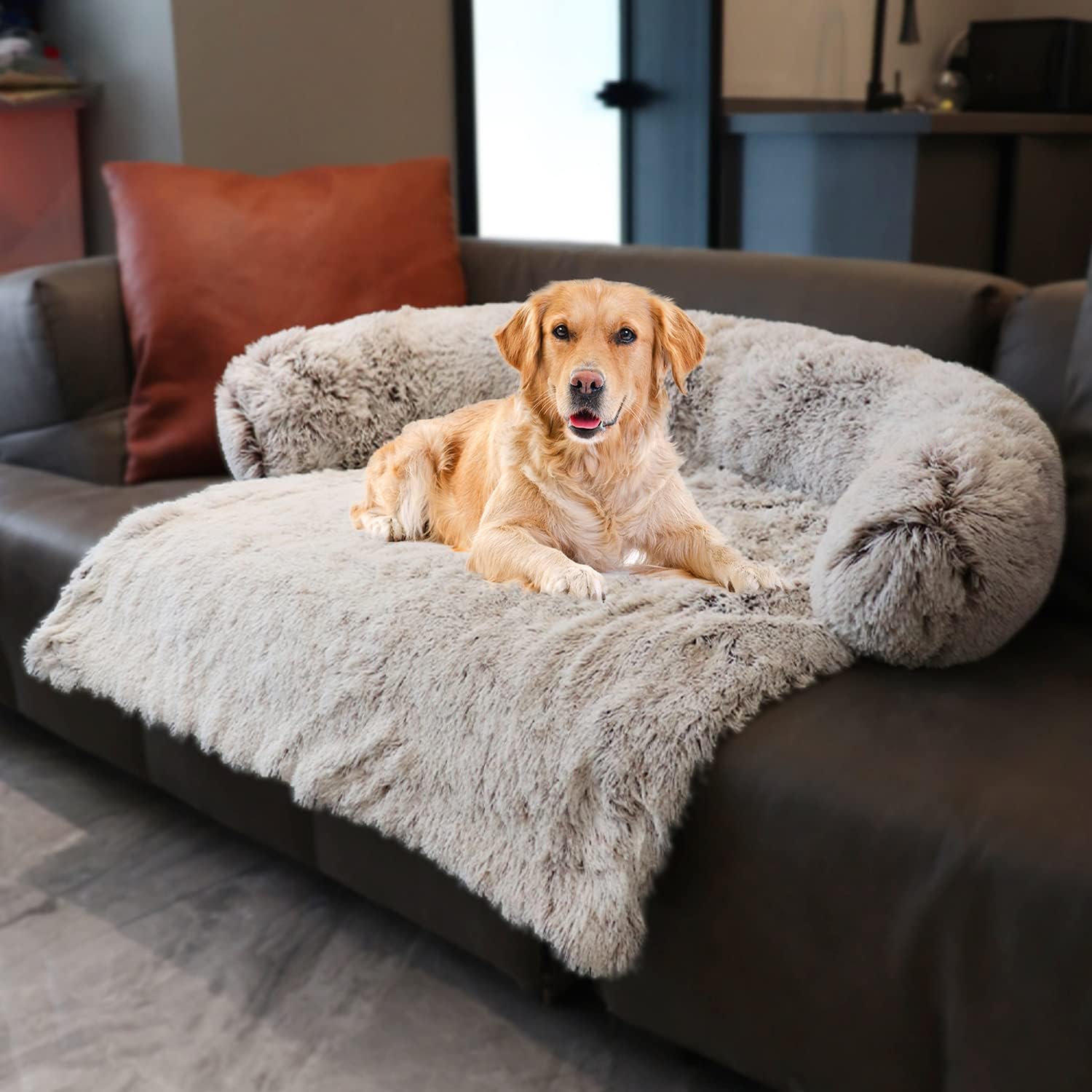 Dekeyoo Pet Couch Protector, Calming Dog Bed Plush Dog Mat Dog Sofa, Pet Furniture Cover with Soft Neck Bolster, Machine Washable Gradient Brown Medium