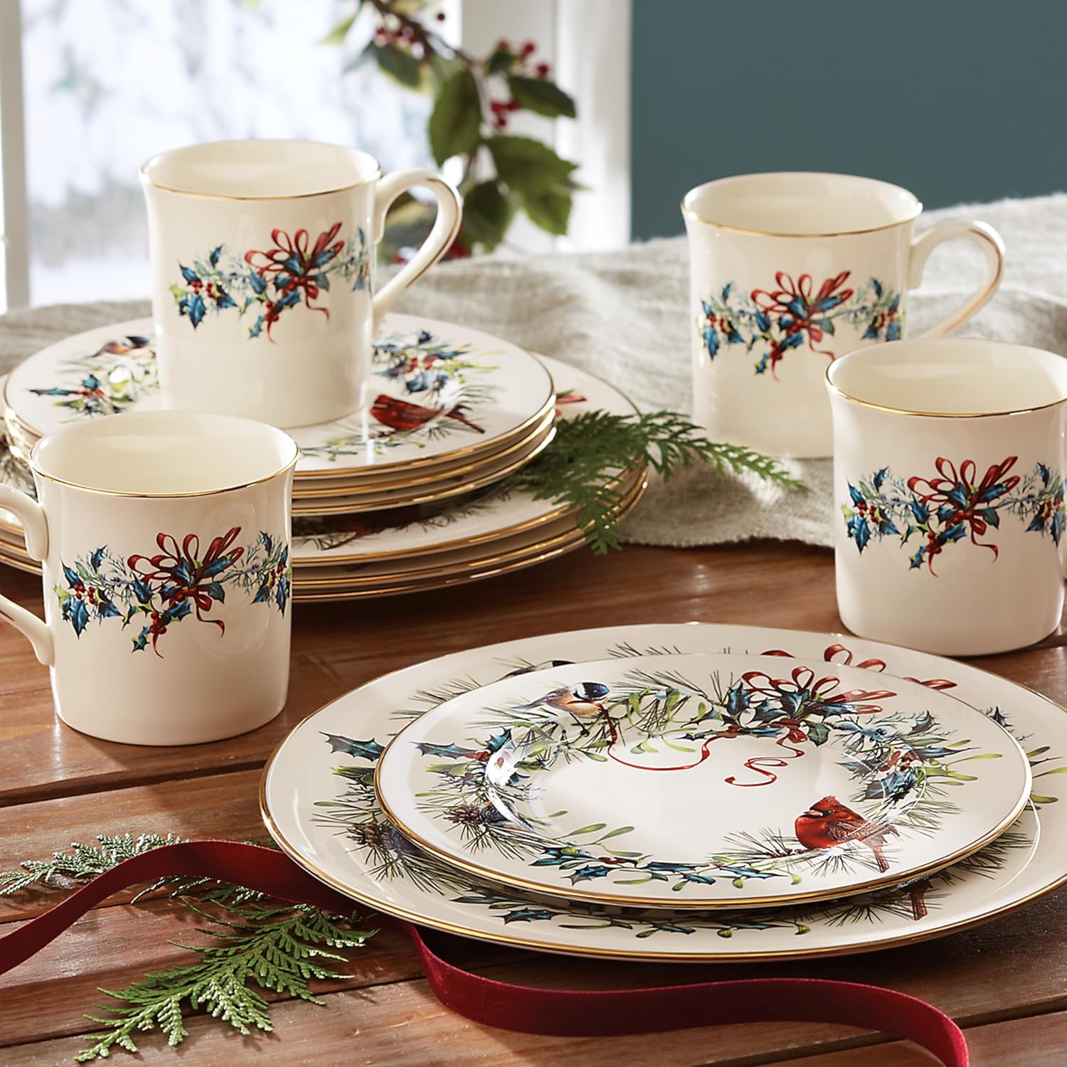 Lenox 6122055 Winter Greetings 12-Piece Dinnerware Set, red & green