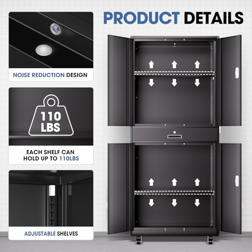 DNA MOTORING 71'' Metal Storage Cabinet, Locking Tool Cabinet with 1 Drawer and Adjustable Shelves, Lockable Heavy Duty Metal Locker for Garage,Office,Home,Gym, Gray, TOOLS-00629-GY-GY-A