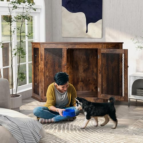VITESSE Corner Dog Crate Furniture, 44/52inch Durable Wooden Dog Kennel End Table, Indoor Decorative Puppy Kennel with Metal Mesh, Heavy-Duty Pet House for Large Dogs with Portable Switch, TV Stand