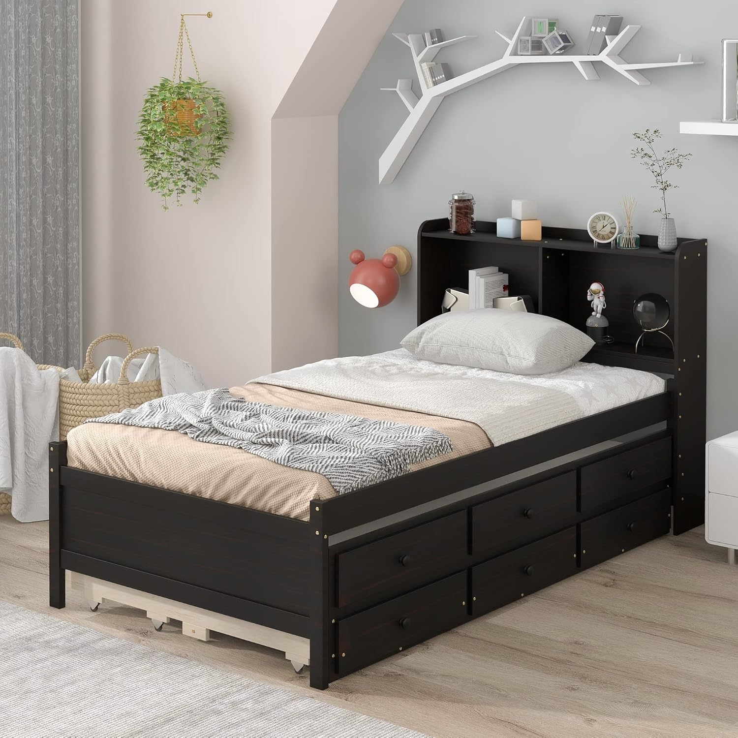 Twin Captain’s Bed with Bookcase Headboard, Wood Twin Size Bed Frame with Trundle and 3 Drawers for Kids, Teens, Adults, Espresso