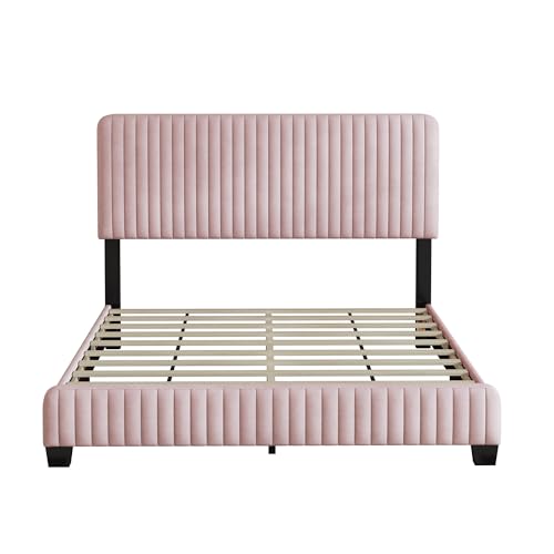 SOFTSEA 3-Piece Queen Bedroom Set, 3 Pieces Furniture Bedroom Sets Include Queen Size Upholstered Platform Bed and 2 Nightstands, Velvet Nightstands with Marbling Worktop and Metal Legs&Handles, Pink