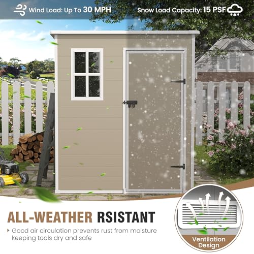 Outdoor Storage Shed, 6x6 FT Resin Shed with Floor and Lockable Door, Window, Vents, Tool Sheds and Outdoor Storage for Bike, Garden Accessories, Tools, Waterproof (Grey & White)