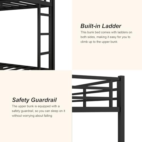 Twin XL Over Twin XL Bunk Bed, Metal Bunk Bed Frame Heavy Duty Bunk Beds Loft Bed Frame with Ladder and Guardrail Metal Slats No Box Spring Required for Adults Teens, Black