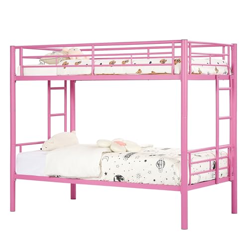 VECELO Metal Loft Bed Twin Size, Heavy Duty Bedframe with Removable Ladder and Safety Guardrail, Space-Saving, Noise Free, No Box Spring Needed, Off White