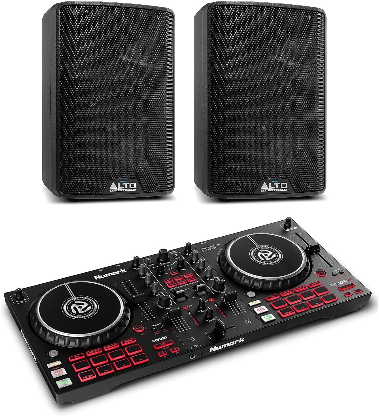 Numark Mixtrack Pro FX and 2x Alto Professional TX308-2 Deck DJ Controller For Serato DJ, FX Paddles and 2x 350W Active PA Speaker with 8" Woofer for Mobile DJ