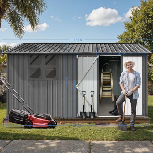10' x 8' Large Outdoor Storage Shed, Sturdy Metal Building w/Windows & Lockable Doors for Garden, Backyard, Poolside and Lawn, Grey