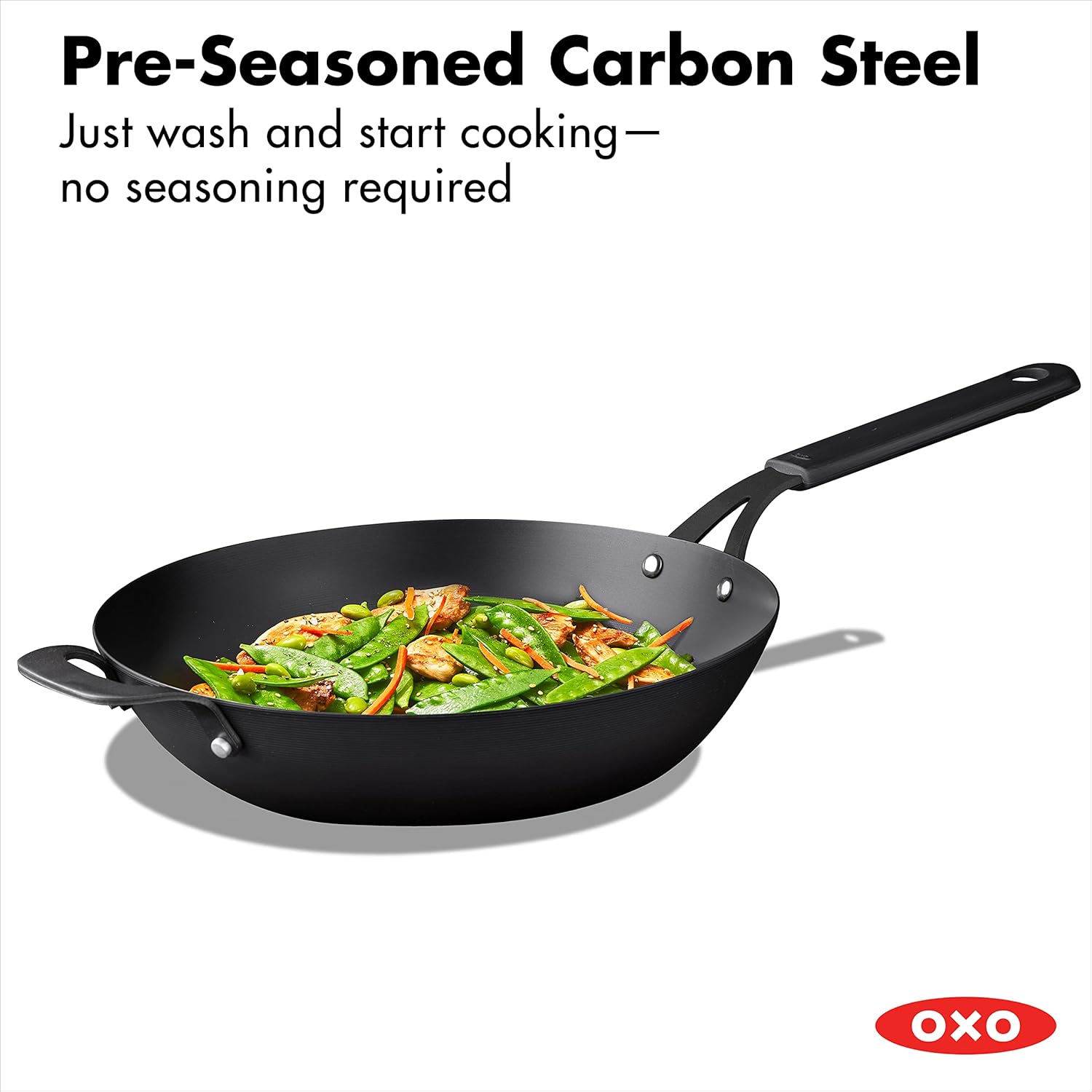 OXO Obsidian Pre-Seasoned Carbon Steel, 12" Wok Pan with Removable Silicone Handle Holder, Induction, Oven Safe, Black Pack of 2