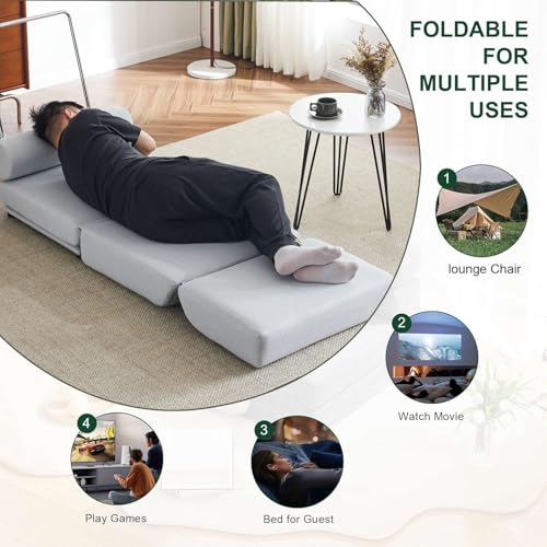 Folding Sofa Bed with Pillow, Foldable Sleeper Sofa Chair Bed, Memory Foam Convertible Floor Couch, Easy to Store, Made of Breathable and Wearable Linen (Light Grey-Blue)