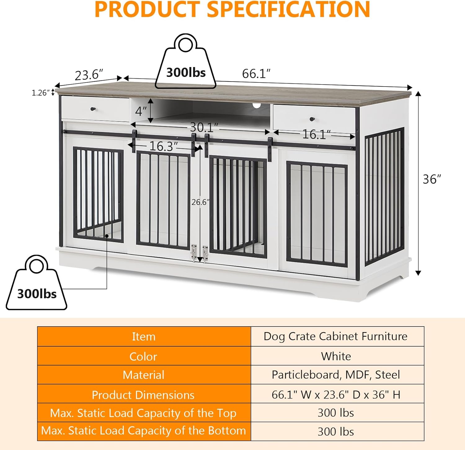 3-in-1 66.1 Inch Double Dog Crate Furniture for 2 Large Dogs, White Durable Double Dog Kennel TV Stand with Divider and 2 Drawers