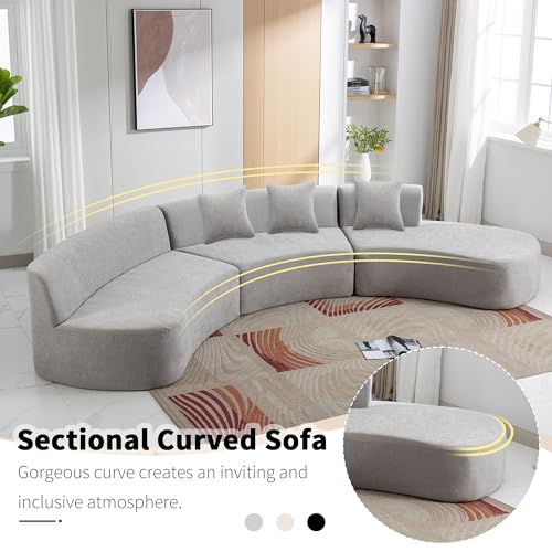 136.6" Stylish Curved Sofa Sectional Sofa Chenille Fabric Sofa Couch with Three Throw Pillows for Living Room, Grey Living Room Sectionals, Home & Kitchen Furniture