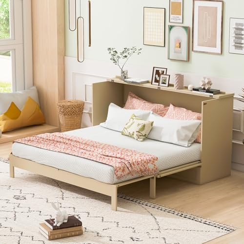 Full Size Murphy Bed Cabinet, Solid Wood Murphy Bed with Charging Station and Large Storage Drawer, Wall Mounted Foldable Platform Bed, Space Saving for Guest Room, Office, Gray