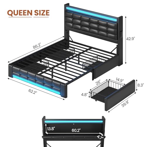ADORNEVE Queen Bed Frame with Storage Headboard & 4 Drawers, LED Bed Frame Queen with Charging Station, Leather Upholstered Platform Bed Frame with Button Tufted, No Box Spring Needed, Black PU