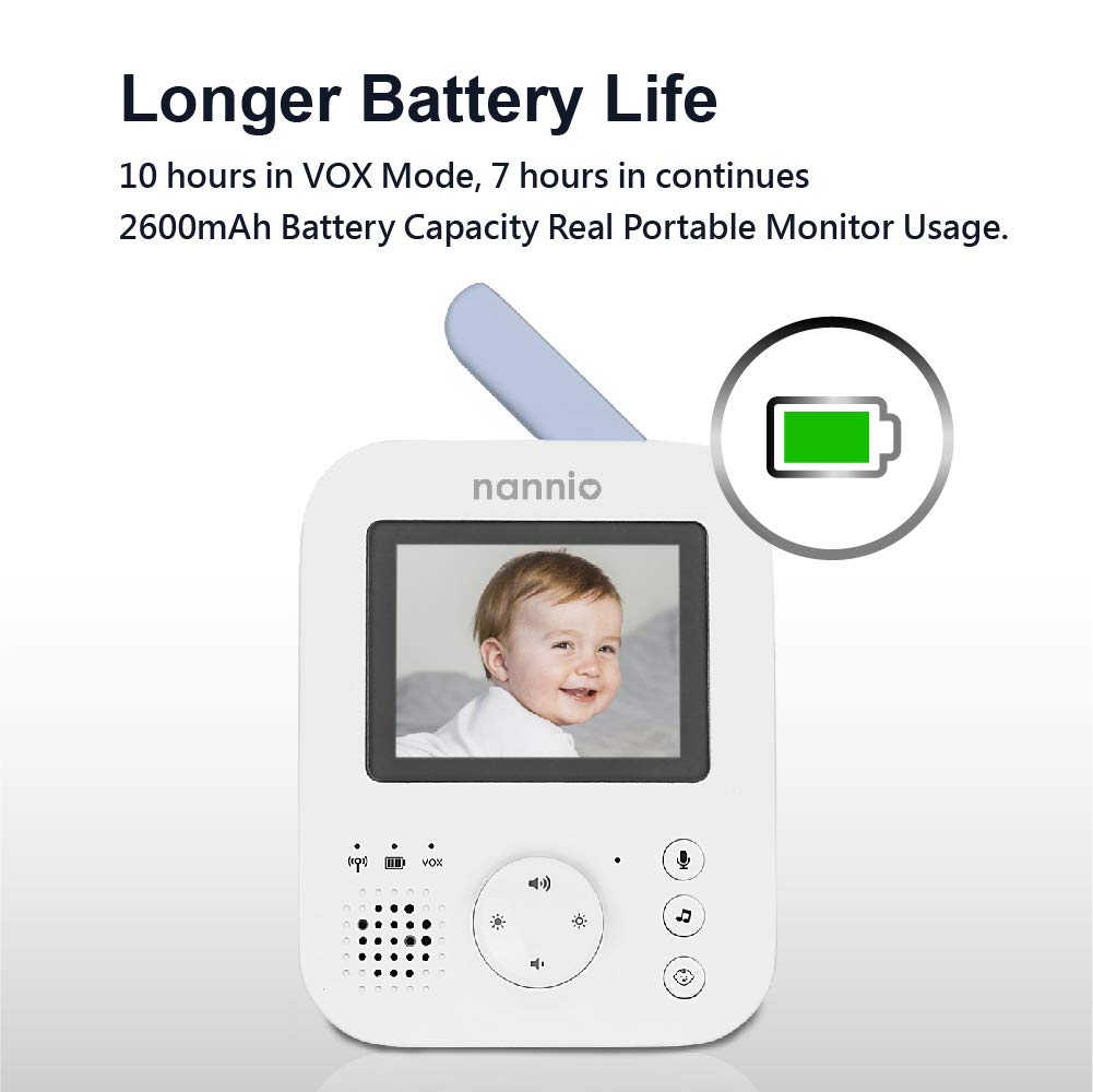 nannio Hero2 Video Baby Monitor with Camera and Audio, Two-Way Talk, Auto Night Vision, Voice Activation, 5 Lullabies, 985ft Range, Long Battery Life, Non-WiFi, Baby Shower Gifts, 2 Years Warranty