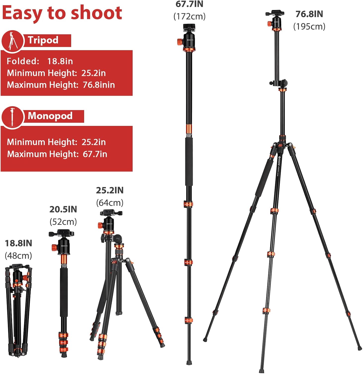 GEEKOTO Tripod, 76 Inch Camera Tripod with Rotatable Horizontal Center Column, Aluminium Professional Tripod for DSLR with 360 Degree Ball Head, Quick Release Plate