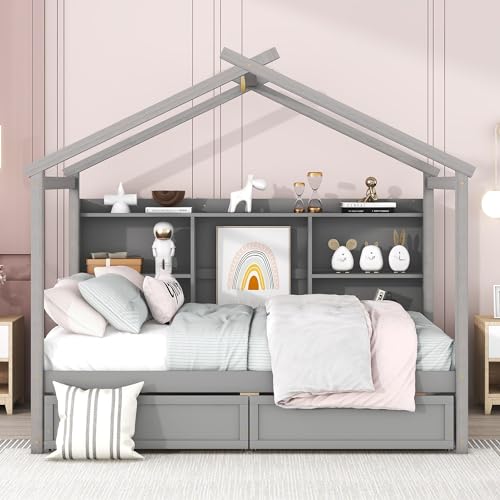 Full Size House Bed with Twin Size Trundle and Storage, Montessori Bed Wood Playhouse Bed Frame,Wooden Kids Bed Frame with Roof Design (White/Full Size House Bed-002)