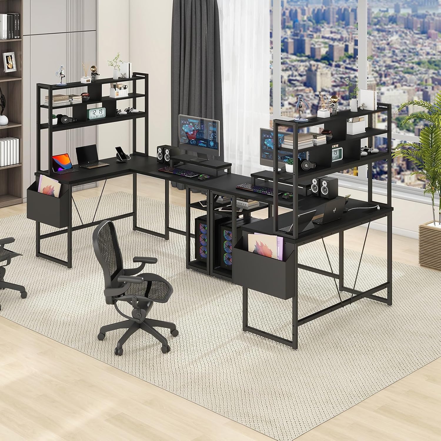 L Shaped Computer Desk with LED Sensor Lights and Power Outlets, Reversible L Shape Gaming Desk with Storage Bag and Hutch Monitor Stand, Home Office Desk with USB Port
