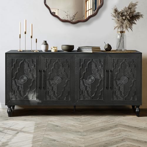 LUMISOL Sideboard Buffet Cabinet, Wooden Storage Cabinet with 4 Carved Flower Doors and Metal Handles, Retry Style Kitchen Sideboard, TV Stand Table for Living Room, Dining Room, Entryway, Natural