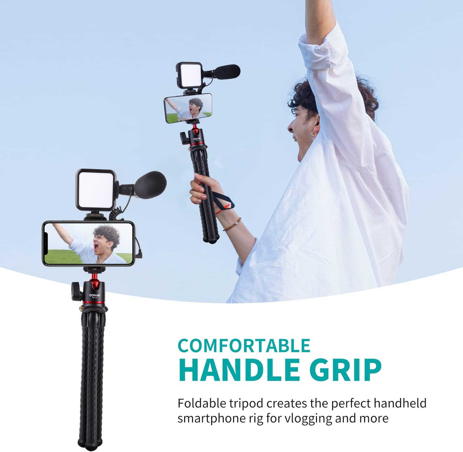 YouTube Starter Vlog Kit,COMAN Vlogging Kit Smartphone Camera 2-in-1 Tripod Stand+Microphone Light Kit,Perfect for Kids Vlogger Video Recording Fitness Yoga Tiktok