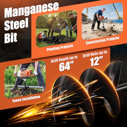 Post Hole Digger, 62cc Auger Post Hole Digger, Gas Powered Earth Digger with 2 Auger Drill Bits(6" & 8") + 3 Extension Rods, for Farmland, Garden and Plant (62CC)