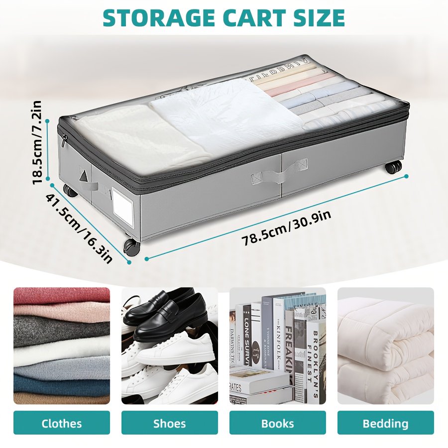 2pcs Underbed Storage Containers with Wheels &amp; Lids - Low Profile Oxford Fabric Organizers for Clothes Shoes Toys Linens, Space-Saving Gray Under Bed Storage Bags