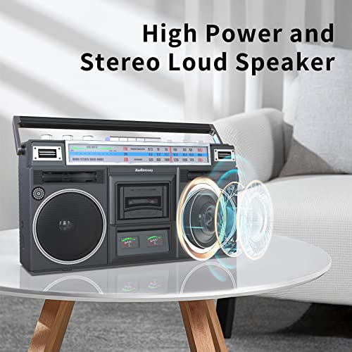 Audiocrazy Retro Boombox Cassette Player AM/FM Shortwave Radio, Portable Cassette Tape Player Recorder, Wireless Streaming, USB/Micro SD Slots Guitar/Aux in, Convert Cassettes to USB Classic 80s Style