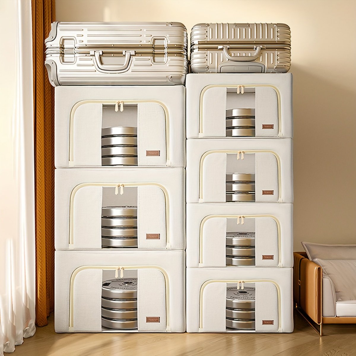 2-Pack Steel Frame Storage Bins with Clear Window, Foldable Stackable Fabric Organizers with Handles for Clothes, Linens &amp; Under-Bed Storage