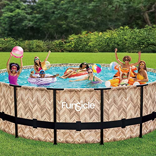 Funsicle 14' x 42" Oasis Designer Round Frame Above Ground Outdoor Swimming Pool Set with SkimmerPlus Filter Pump, Ladder, and Pool Cover, Gray