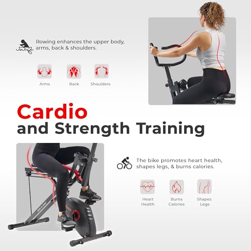 Sunny Health & Fitness Row-N-Ride PRO, Full Body Combo Squat Machine w/Optional Resistance Band, Easy Setup Ab Workout Exercise Equipment for Home, Whole Body Cardio, Optional SunnyFit App Connection