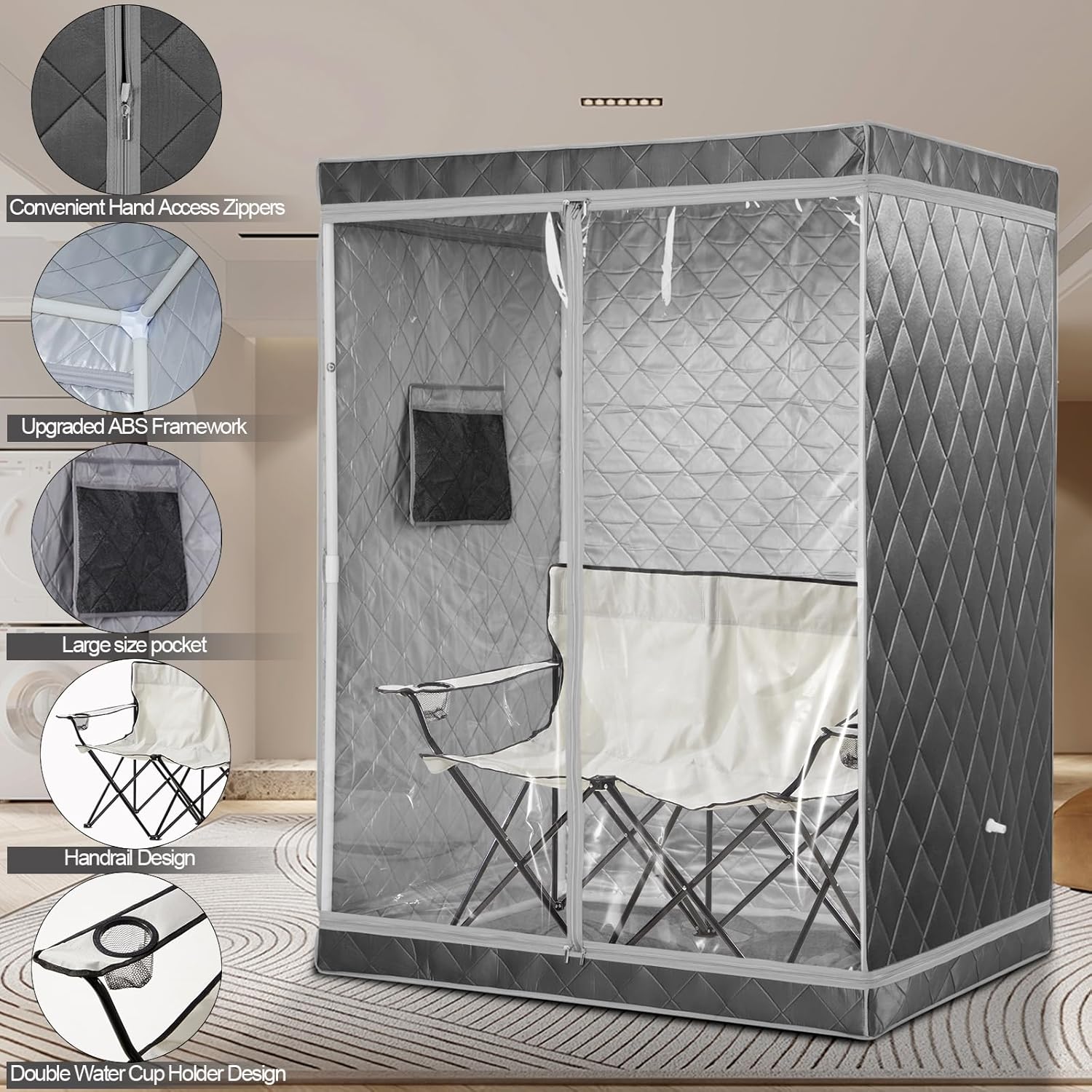 Full Size 2 Person Sauna Tent, Portable Steam Sauna Tent for Home, 2 Person Foldable Lightweight, Full Body Portable Sauna Tent for Home, 2 Person Foldable Chair, Steamer Not Included (Grey)