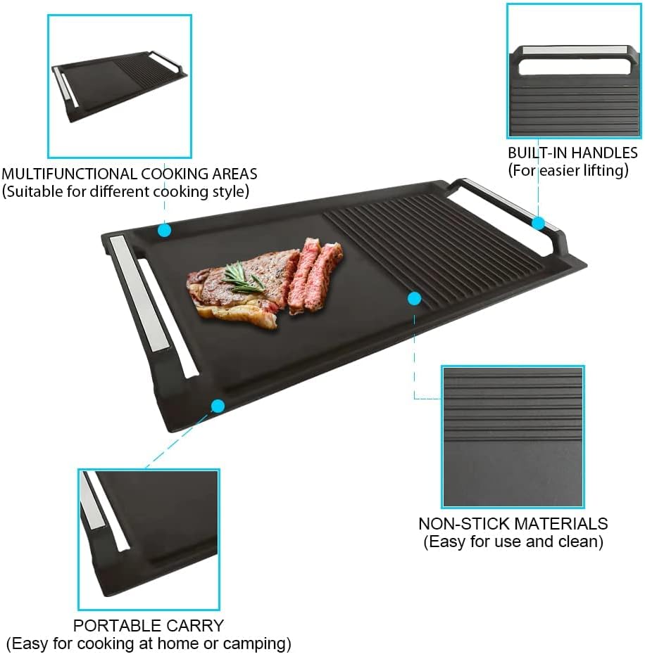 Griddle Pan, Cast Iron Grill Hot Plate, Rectangular Grill, 2 handles with Flat and Ridged Surface for Induction Electric Cooktop，16.7 x 9.1inch