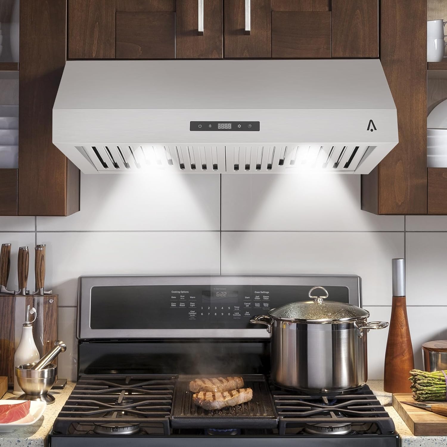 Range Hood,30 Inch Range Hood for Under Cabine Stainless Steel 3-Speed Exhaust Fan,Touch Screen, Dishwasher Safe Baffle Filters, LED Lamps, 400 Max Blower CFM,Low Noise for Kichten