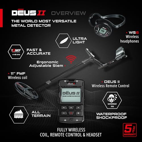 XP Metal Detector Deus II - Waterproof and Multi Frequency, Ideal for Treasure and relic Hunting - with 9" FMF Coil, Remote Control, WS6 Wireless Headphones & S-Telescopic stem (DEUS2-22FMFRCWS6EA)
