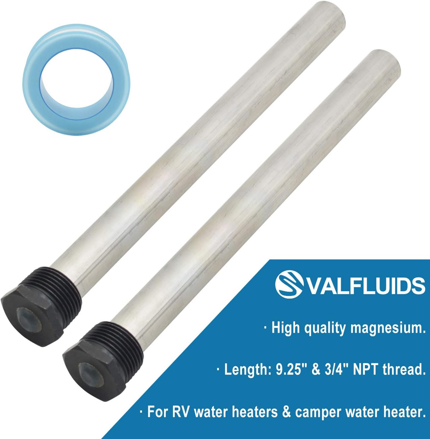 VALFLUIDS Magnesium Anode Rod with PTFE Thread Seal Teflon Tape, for RV Water Heaters and Camper Water Heater (9.25L x 3/4 NPT - 2 Pack)