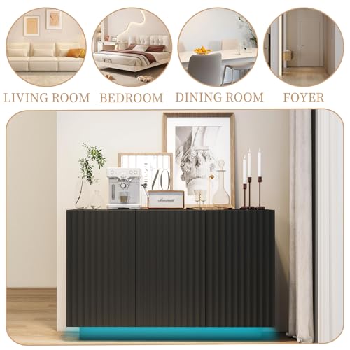 Fluted Black Storage Cabinet, Sideboard Buffet Cabinet with 4 Doors, 64" Modern Accent Cabinet with 2 Adjustable Shelf, Multifunctional TV Stand for Living Room