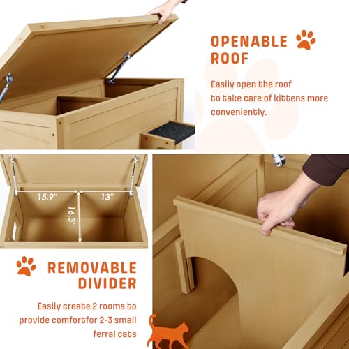 BRIOPAWS Outdoor-Cat-House-Insulated | Feral-Cat-Shelter for Winter | Weatherproof | Large Wooden Pet House for Multiple Cats | Foldable Ladder | Acrylic Side Window | Grey