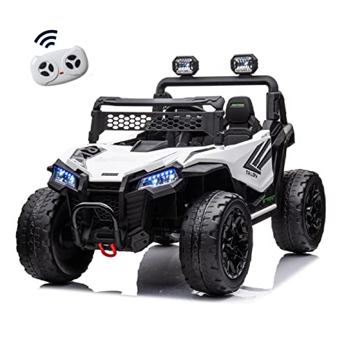 4X4 2 Seater Ride on Truck, 24V Battery Powered Ride on Car with Remote Control, Ride on UTV with EVA Tire/LED Lights, MP3, Horn, Music, Ride on Car for Kids, White